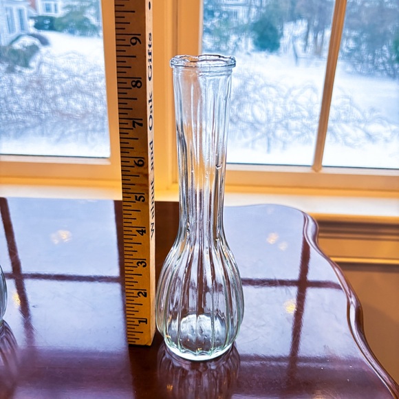 Vintage European Pressed Glass Bud Vase Set Art Deco Ribbed Clear Glass - Picture 8 of 12